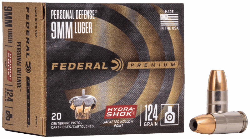 Federal P9HS1 Premium Personal Defense 9mmLuger 124gr Hydra-Shok Jacketed Hollow Point 20 Per Box